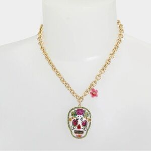 NWT Betsey Johnson Hola to Love Sugar Skull Day of the Dead Gold Necklace
